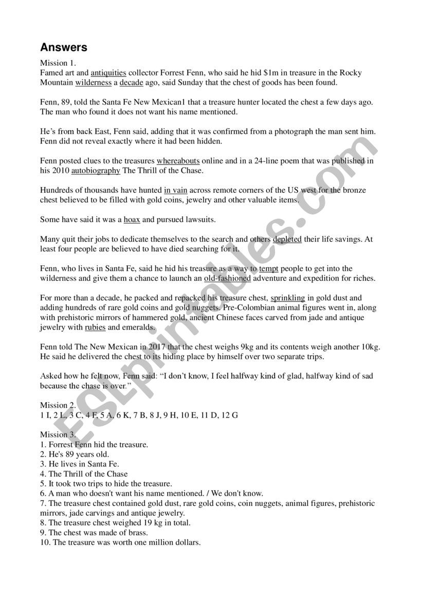 Rocky Mountain Treasure - ESL worksheet by savilla