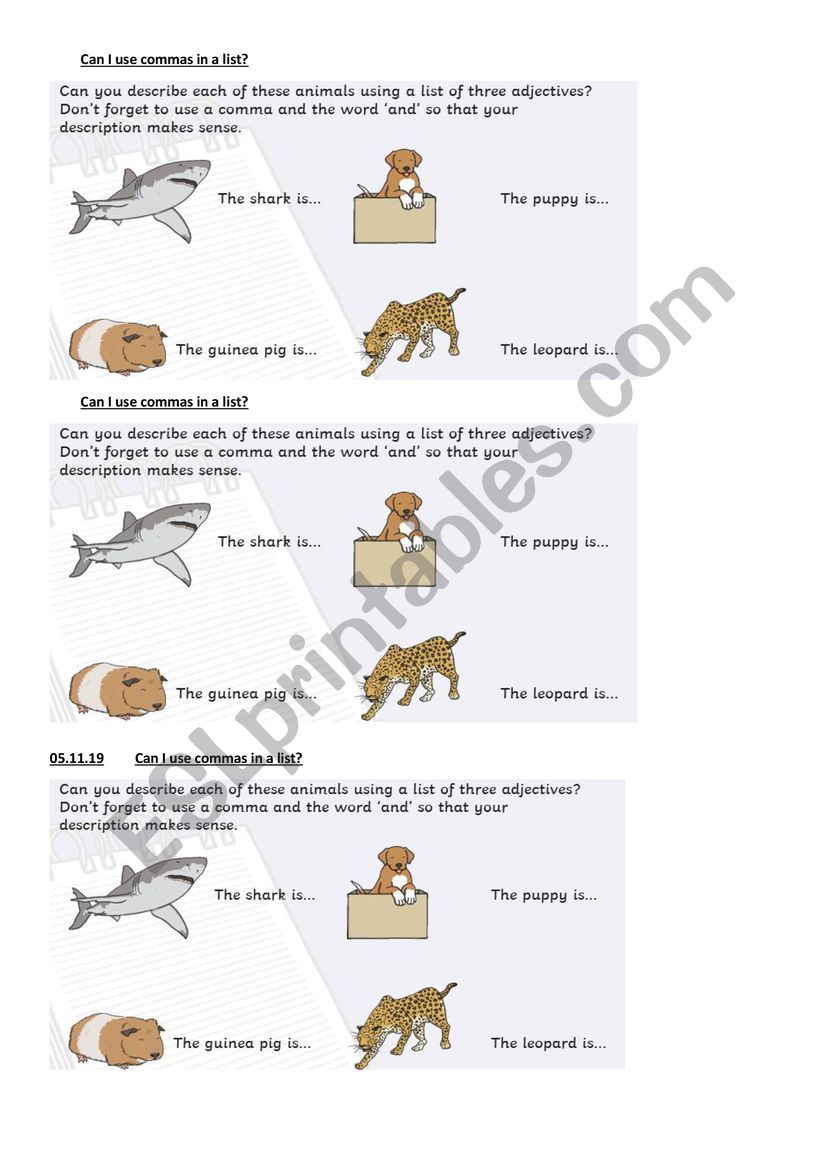 Choose appropriate adjectives and punctuate with commas - ESL worksheet by  mevens23