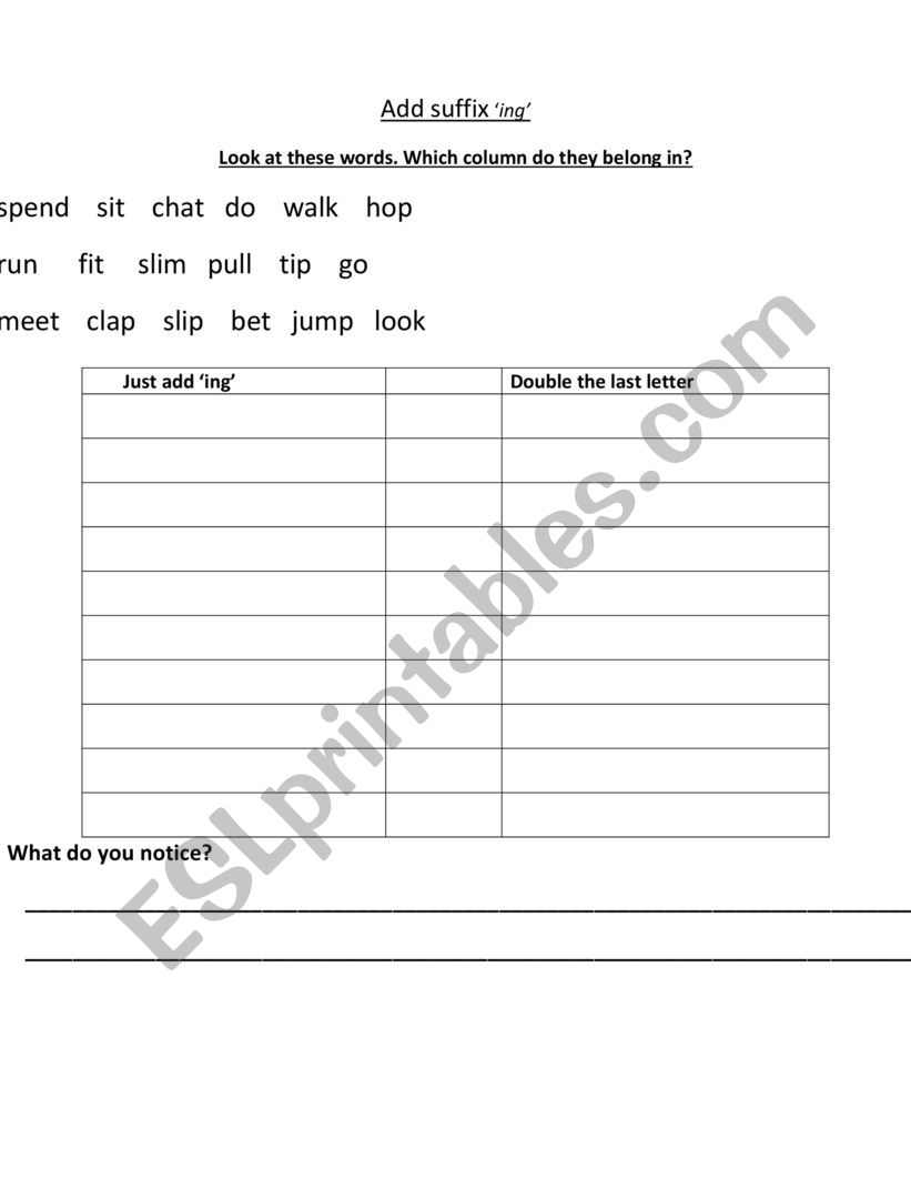 Adding suffix ing worksheet