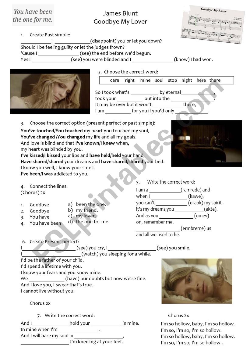 James Blunt Goodby my Lover worksheet