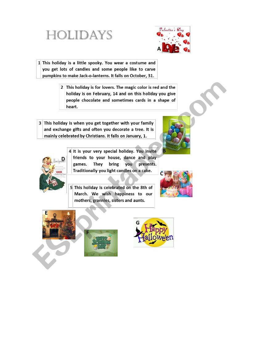 Holidays worksheet