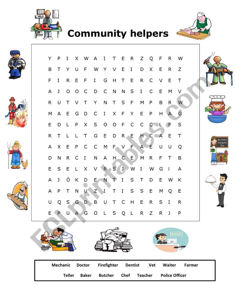 Community helpers wordseacrh worksheet