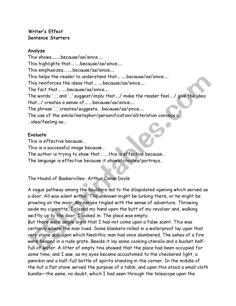 Writerï¿½s effect worksheet