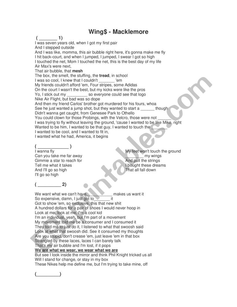 Wings Macklemore ESL worksheet by daphnei07