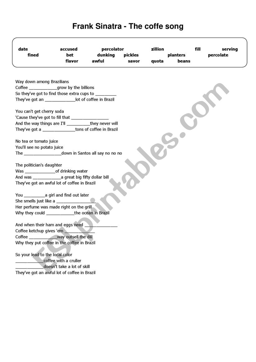 Frank Sinatra Coffee Song worksheet