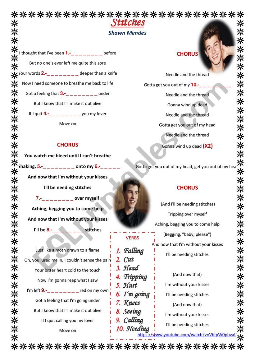 Stitches by Shawn Mendes worksheet