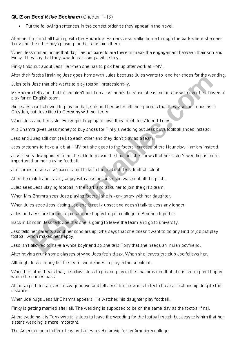 Quiz on Bend it like Beckham  worksheet