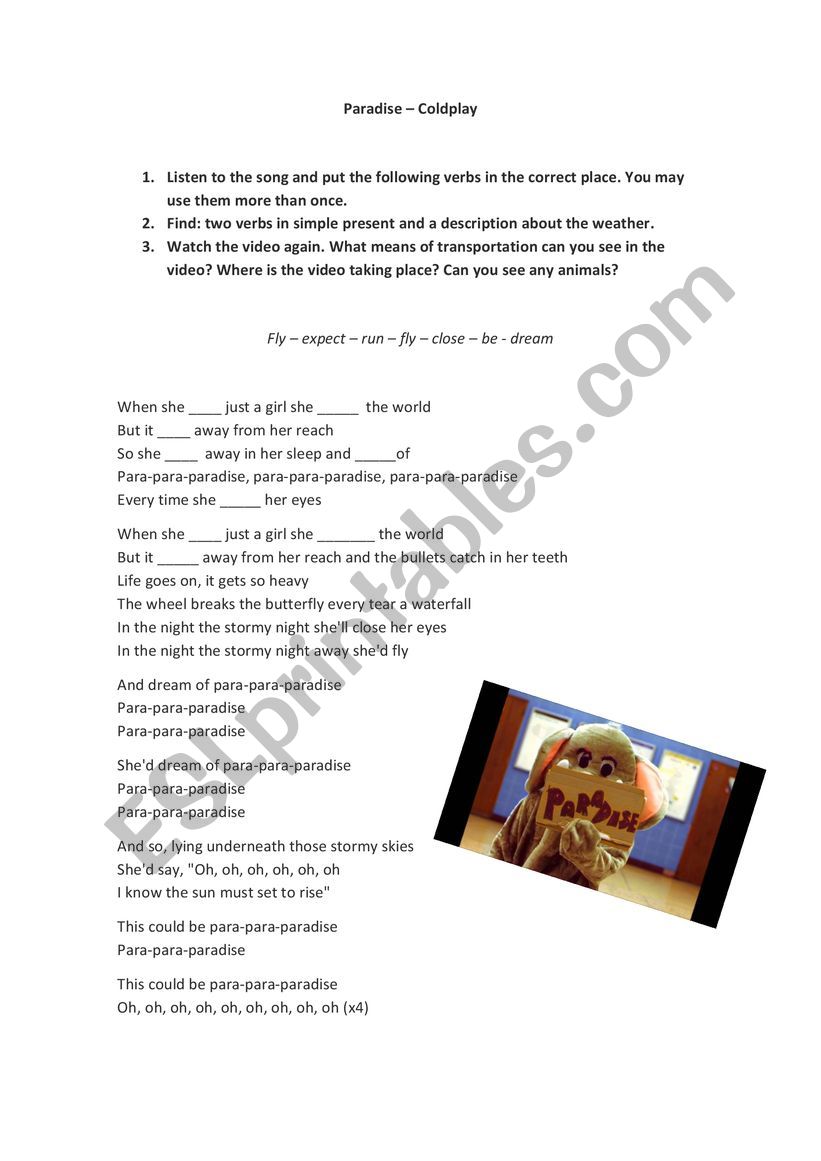 Paradise - Coldplay Worksheet worksheet