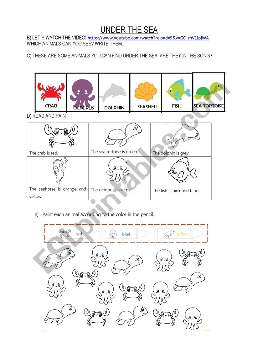 Under the sea animals worksheet