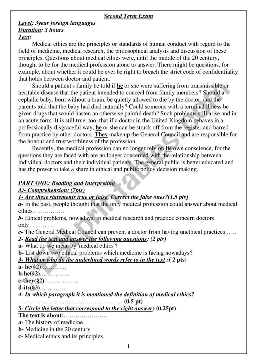 medical ethics exam worksheet