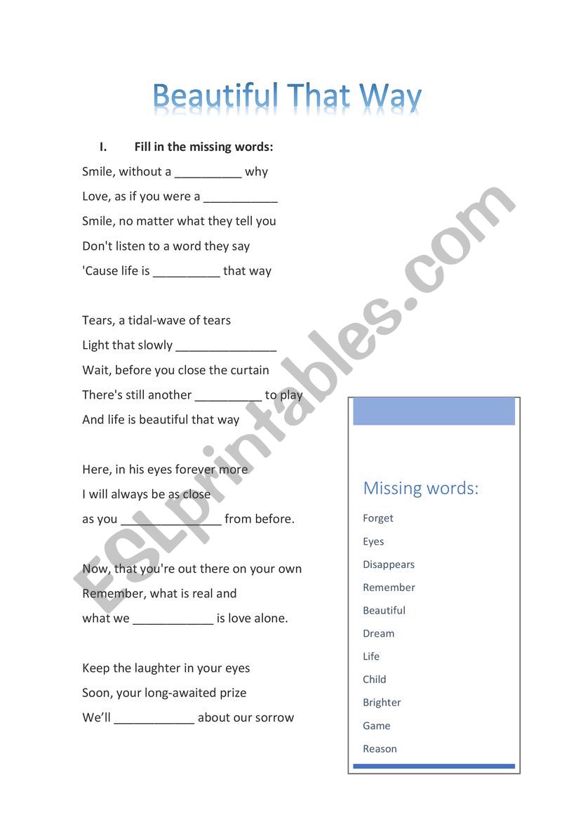 Beautiful That Way Song worksheet