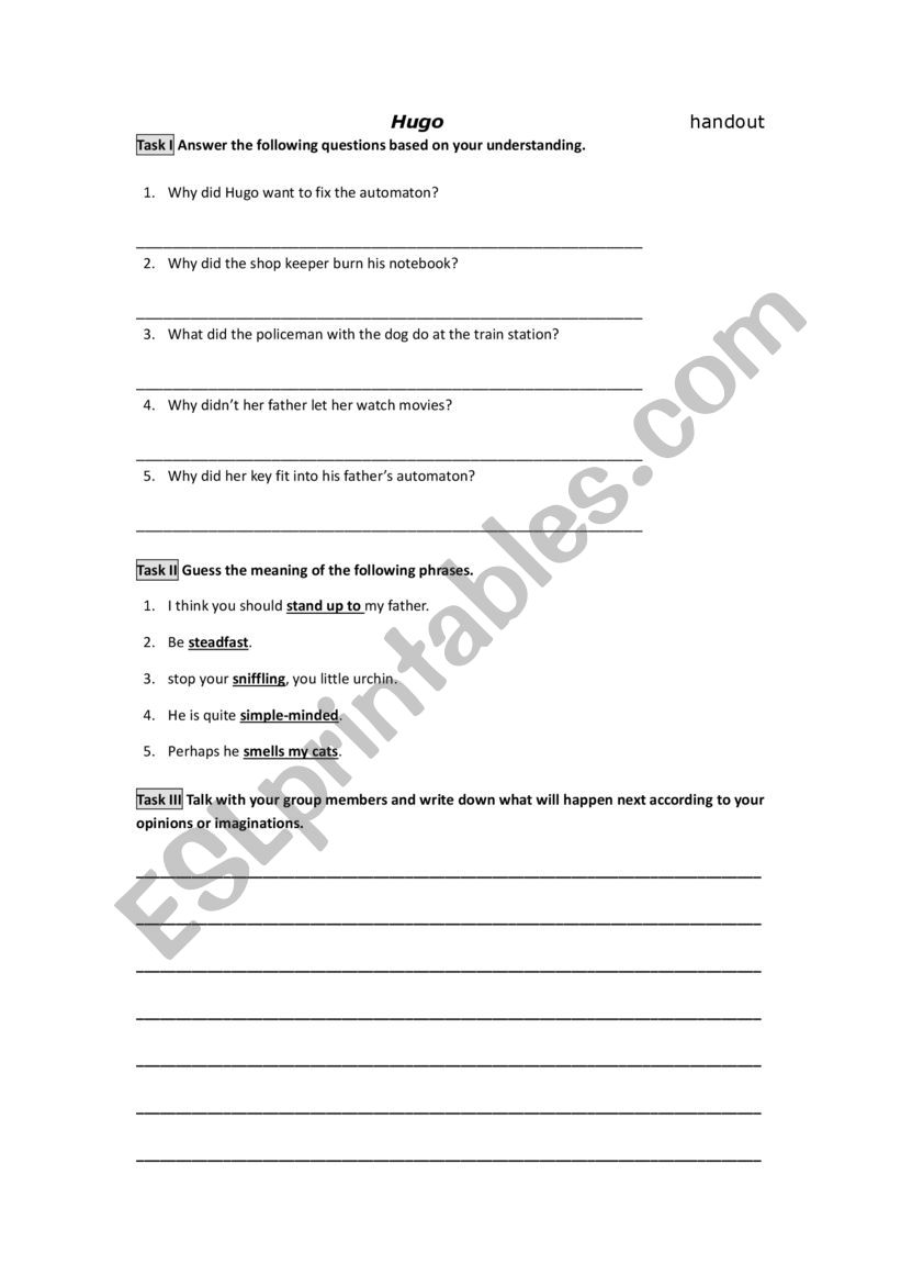 Movie Worksheet Hugo worksheet