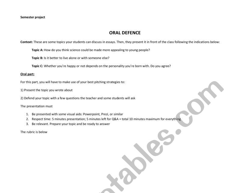 Semester project - Oral defence of a topic discussed in an essay