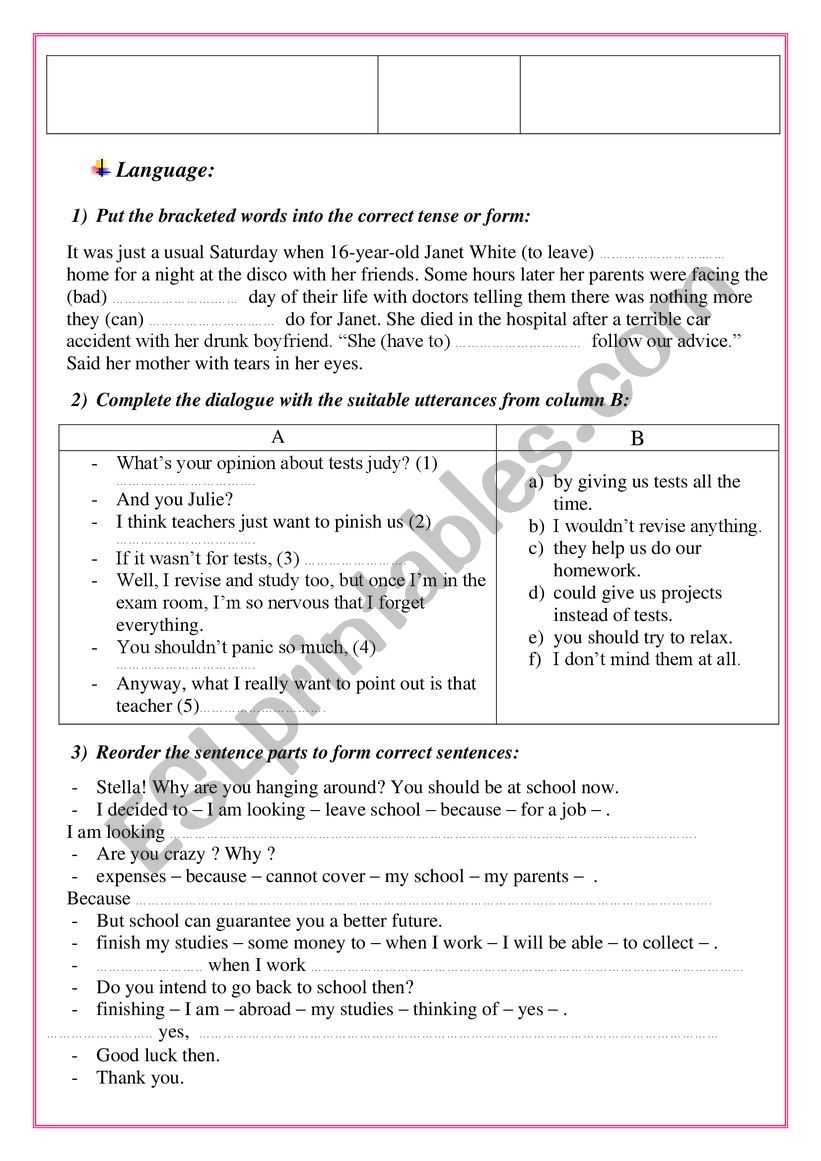 language practice 9th form ( Tunisian pupils)