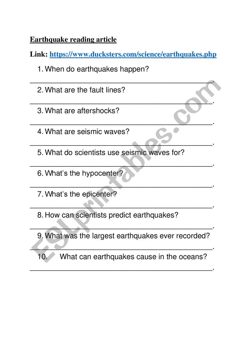 Earthquakes Reading Comprehension