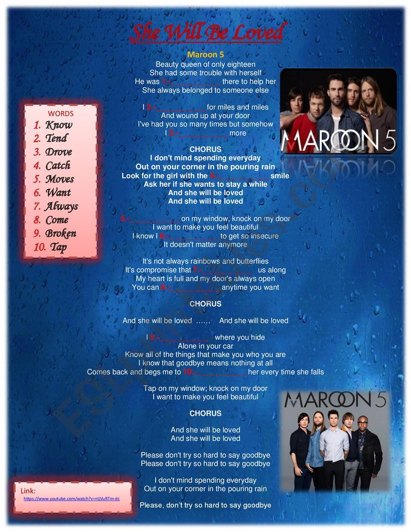 She will be loved by Maroon 5 worksheet