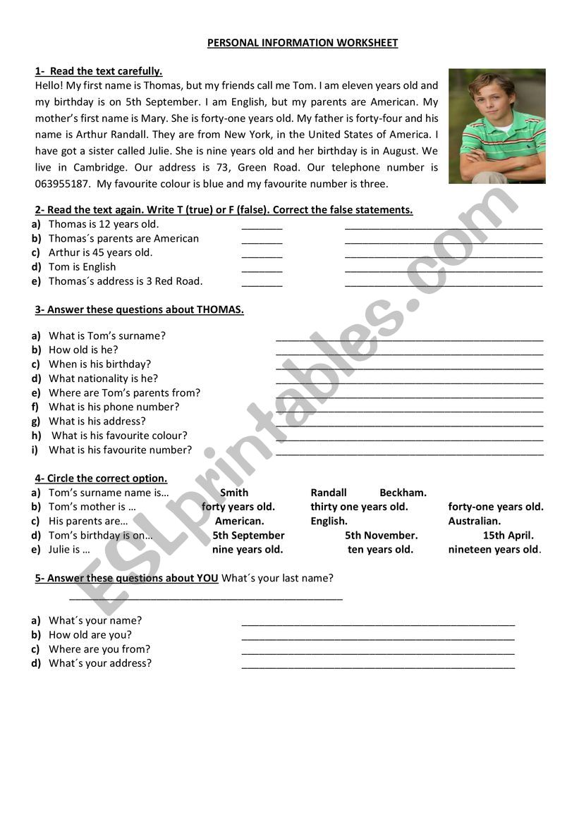 PERSONAL INFORMATION worksheet