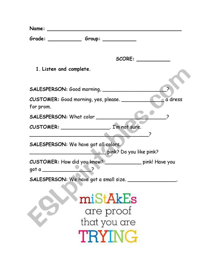 PURCHASING DIALOGUE TEST worksheet