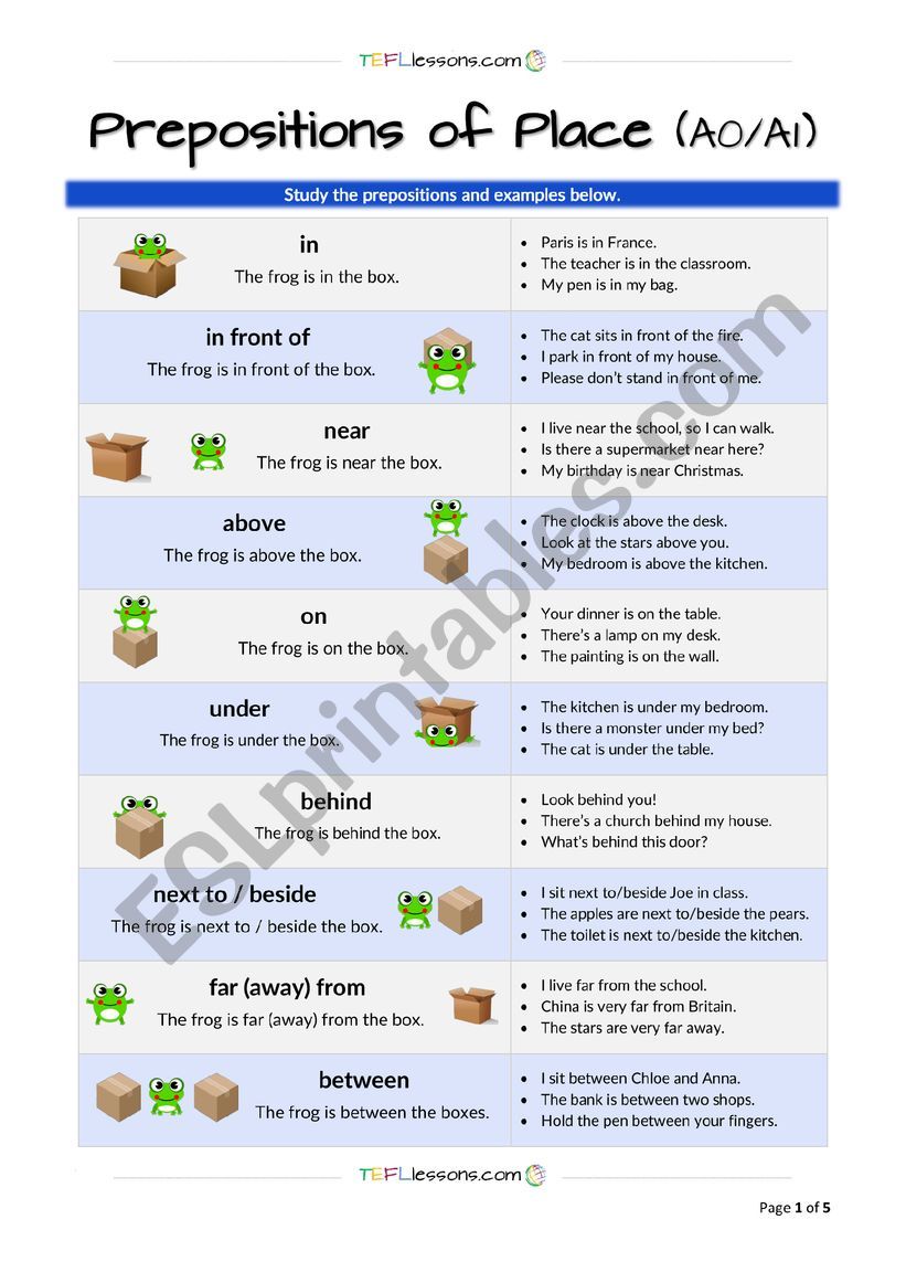 Prepositions of Place worksheet