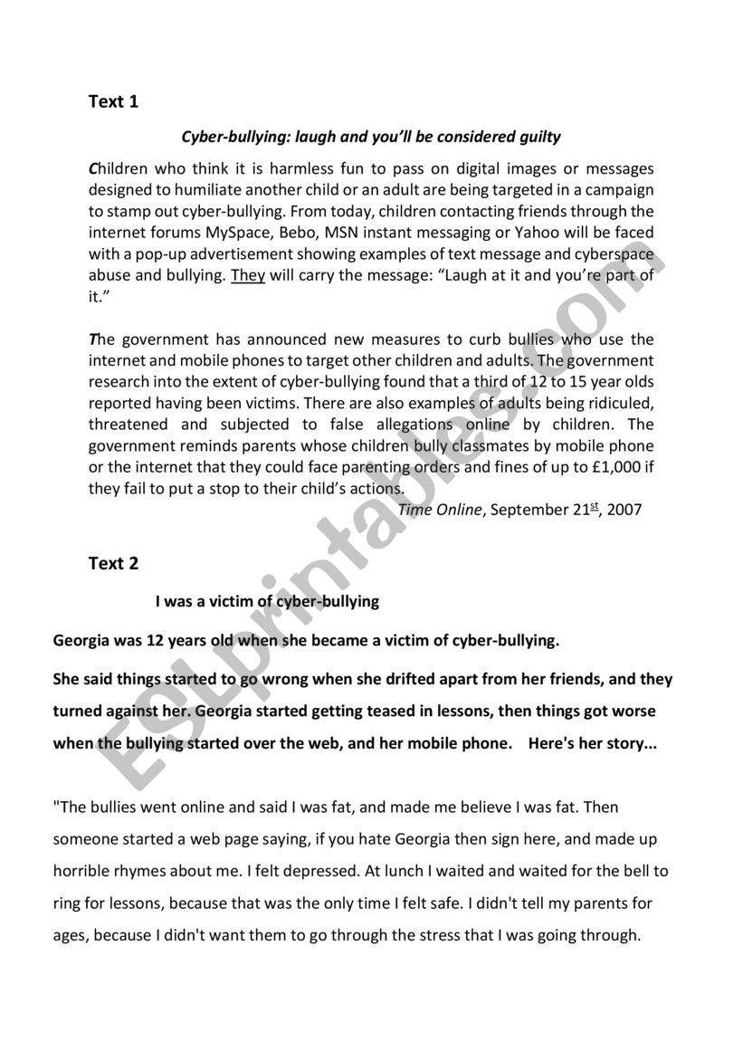 Cyberbullying mock exam E3C2 worksheet