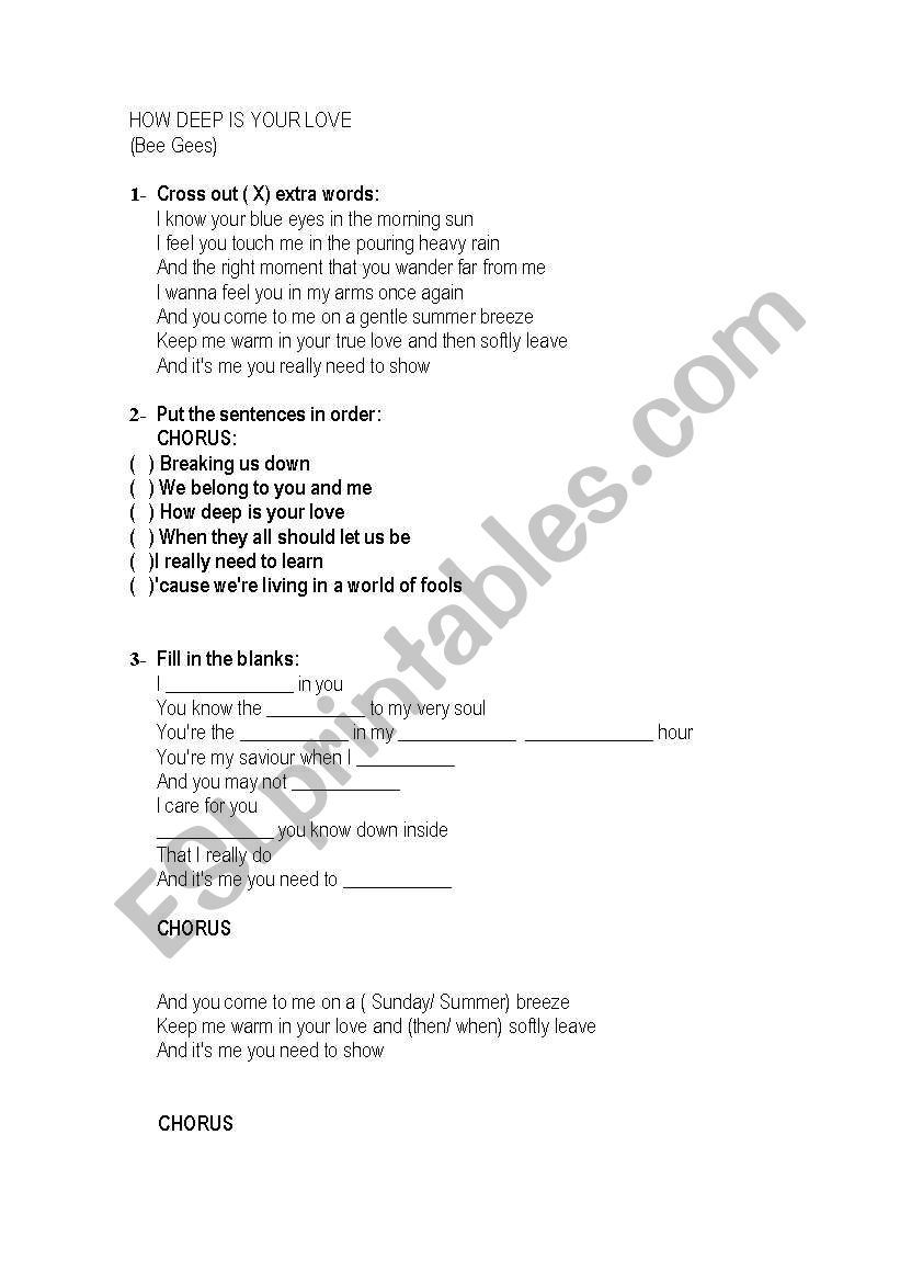 Song - How deep is your love worksheet
