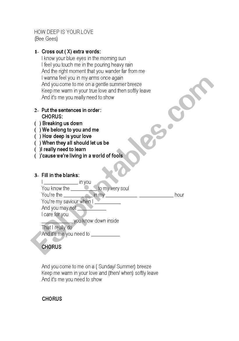 How deep is your love? song and nurs…: English ESL worksheets pdf & doc