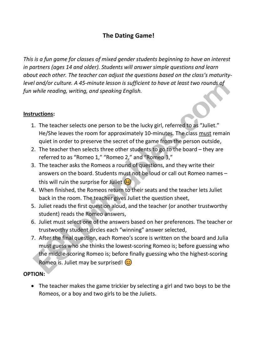 The Dating Game (14+) worksheet