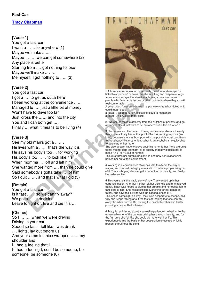 Tracy Chapman - Fast Car Worksheet for ESL Learners