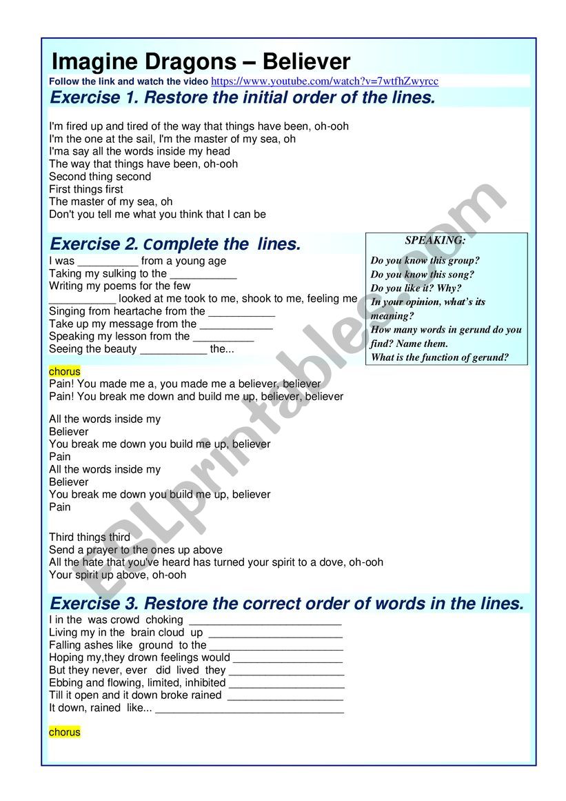 song Imagine Dragons – Believer - ESL worksheet by TutorPSK