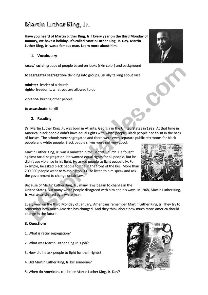 Martin Luther King - Reading + questions