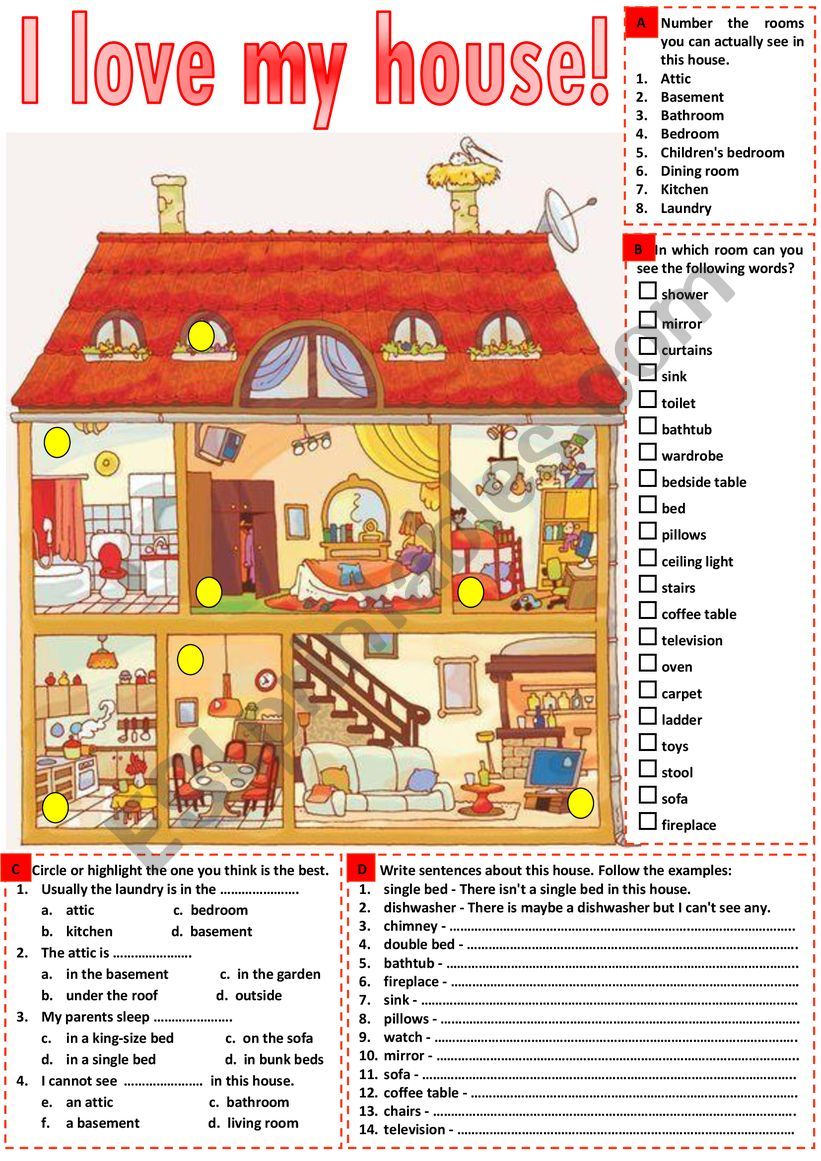 I love my house. Vocabulary + formulating simple sentences.