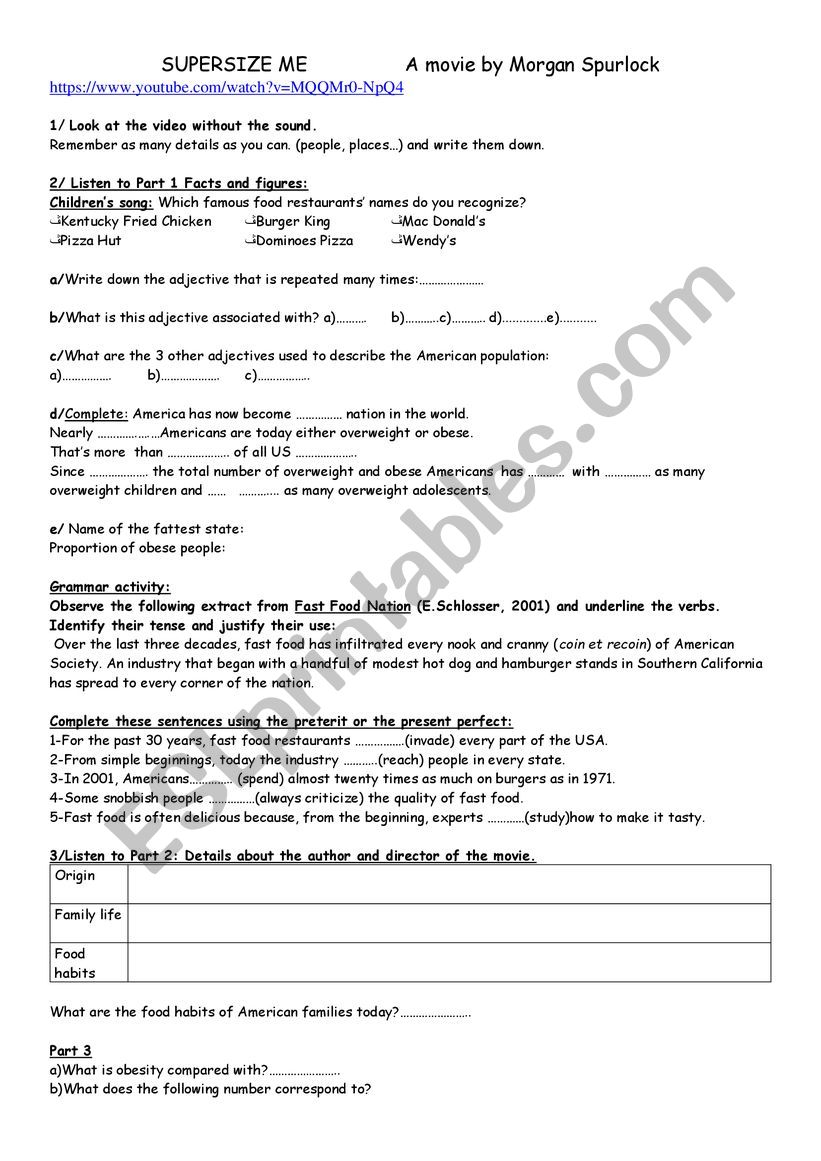 Supersize me Opening - ESL worksheet by a_teacher_in_salazie With Super Size Me Video Worksheet