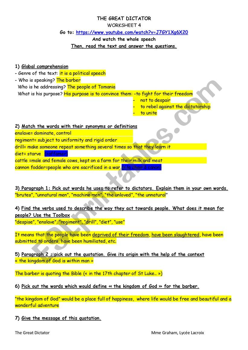 The Great Dictator Worksheet 4 KEY