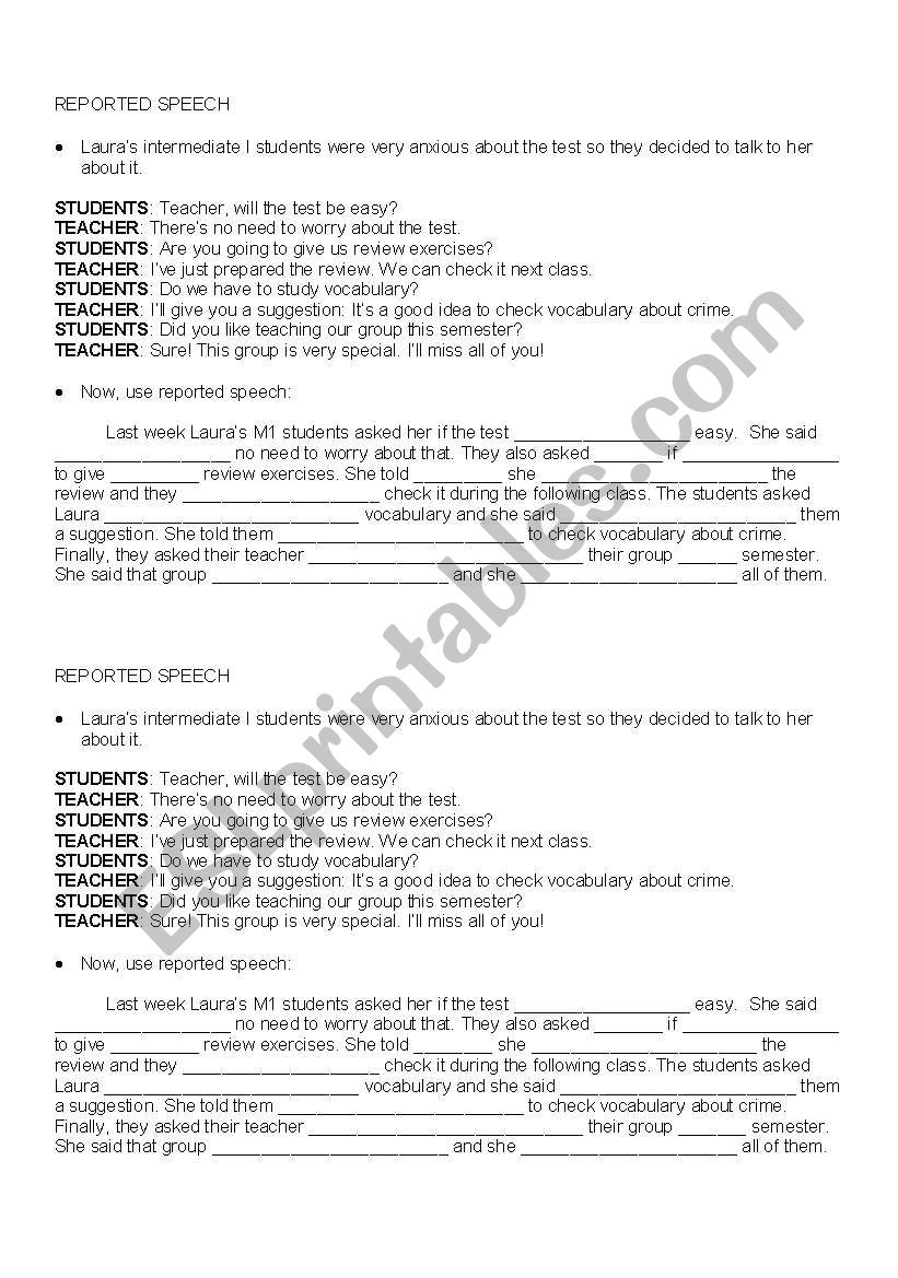 Reported Speech worksheet