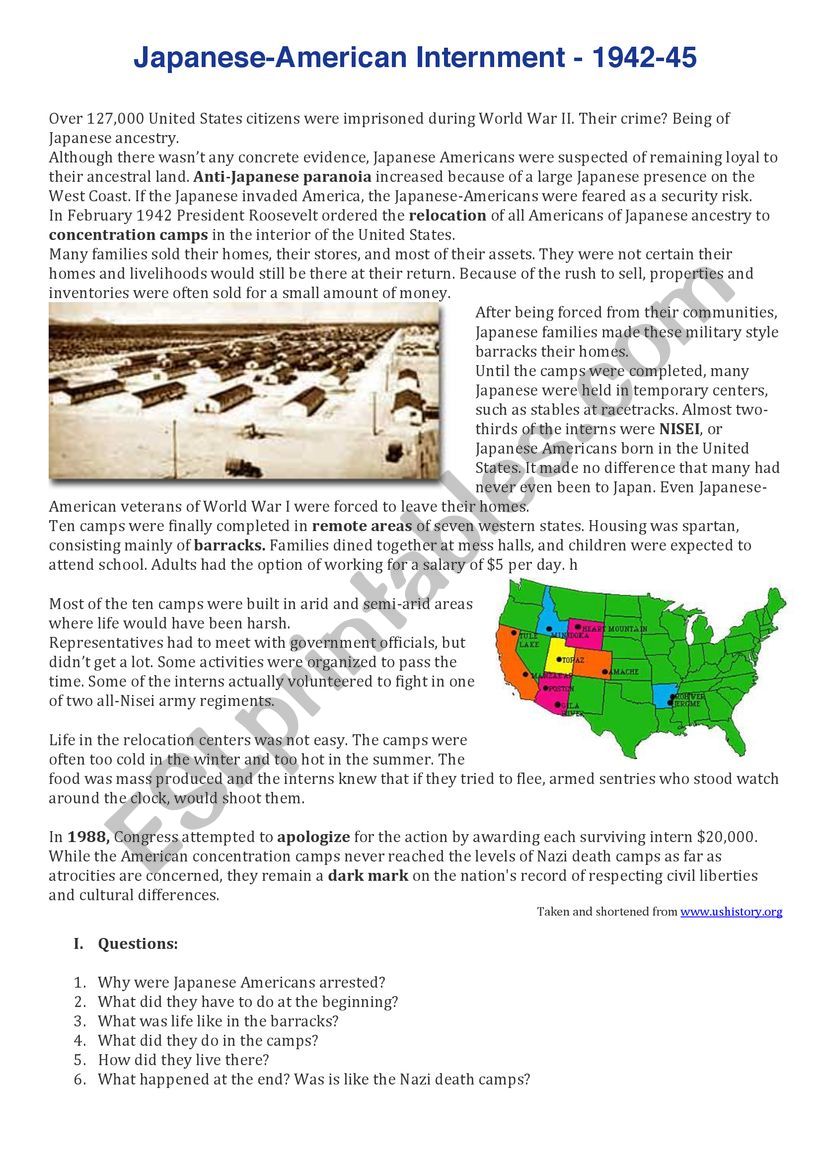 Japanese-American Internment worksheet