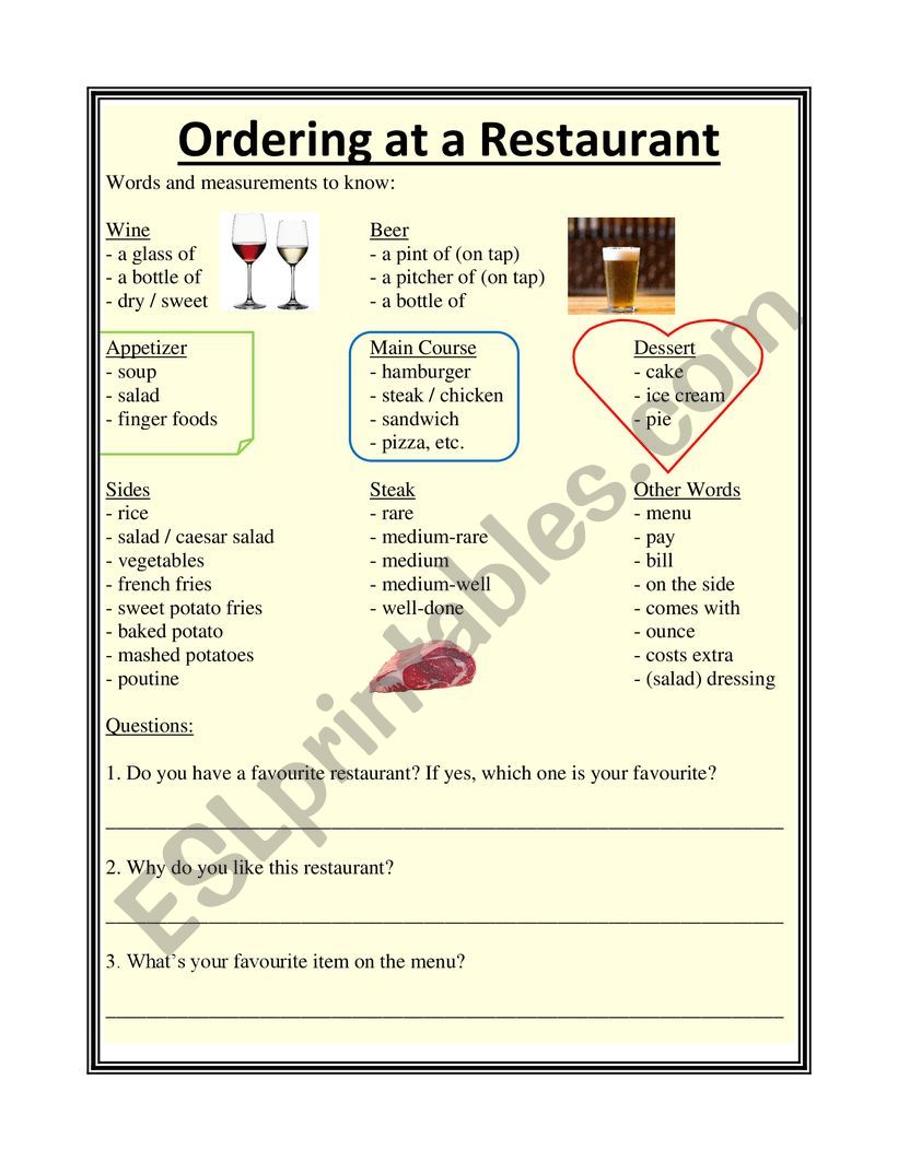 Ordering at a Restaurant worksheet
