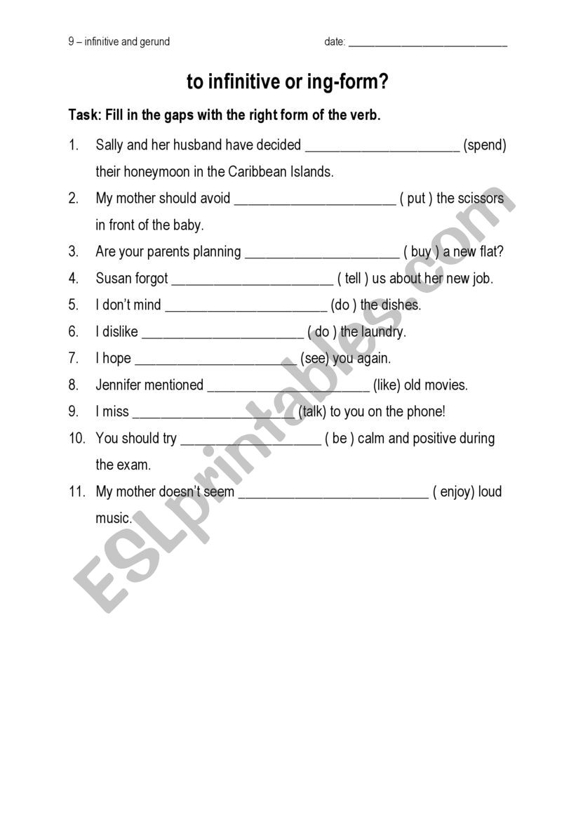 exercise infinitive gerund worksheet