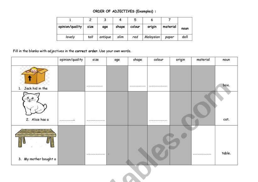 Order of Adjectives worksheet