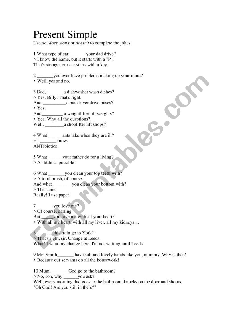 Present Simple silly jokes worksheet