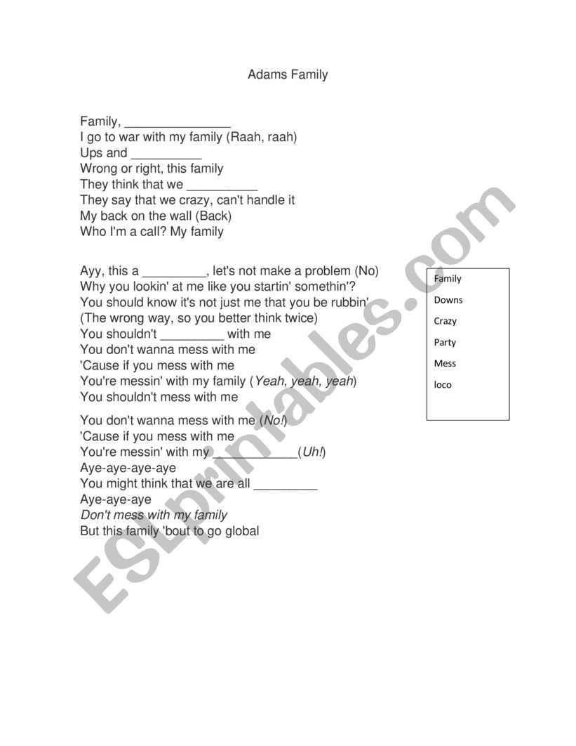 Types of family  worksheet