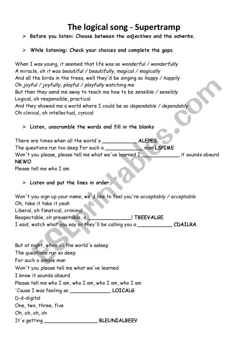 The logical song worksheet