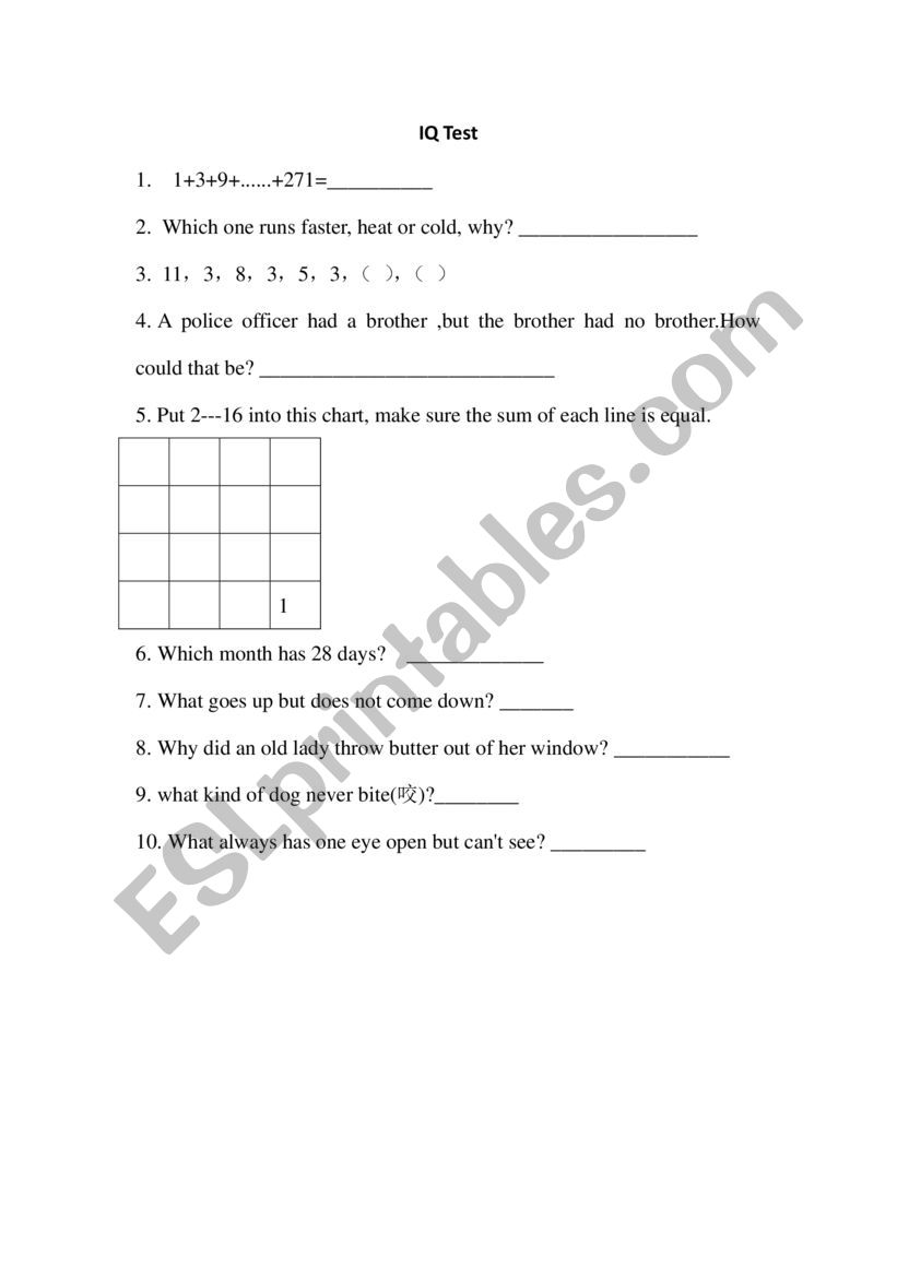 IQ games worksheet