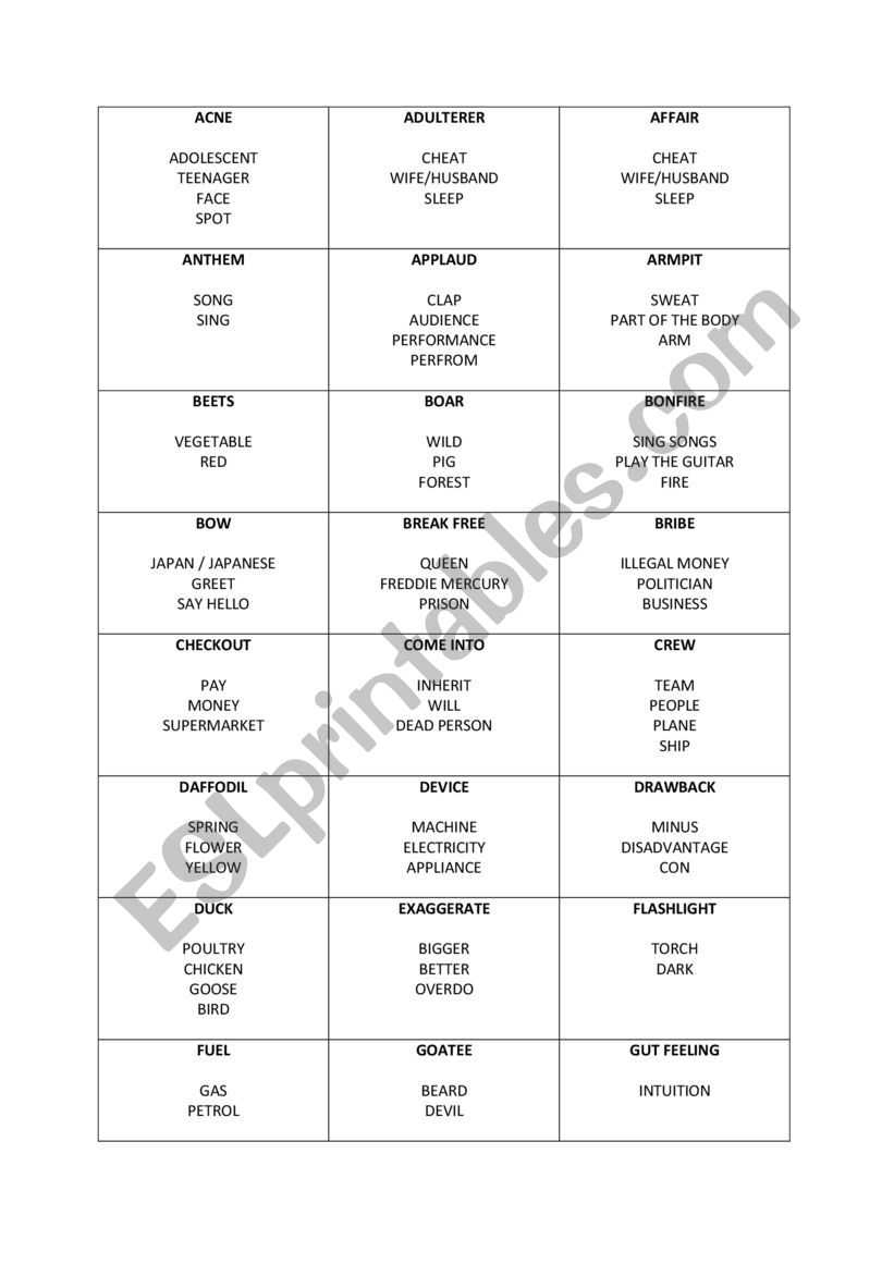 TABOO  worksheet