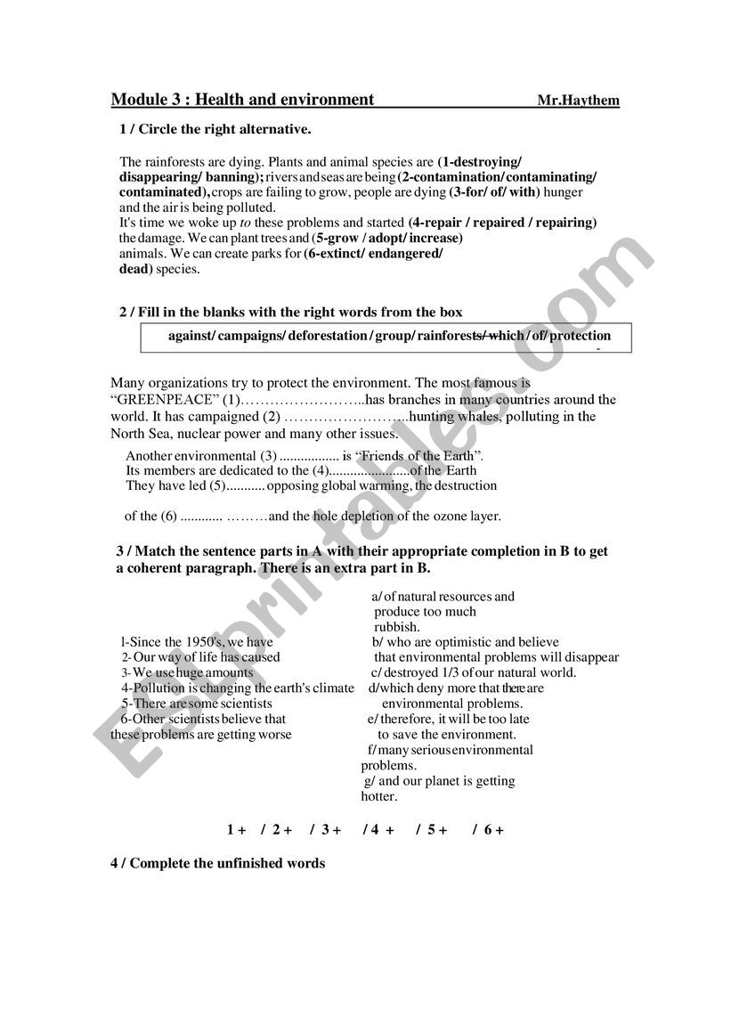 health and environment worksheet