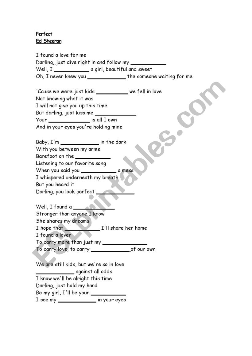 Perfect - Ed Sheeran  worksheet