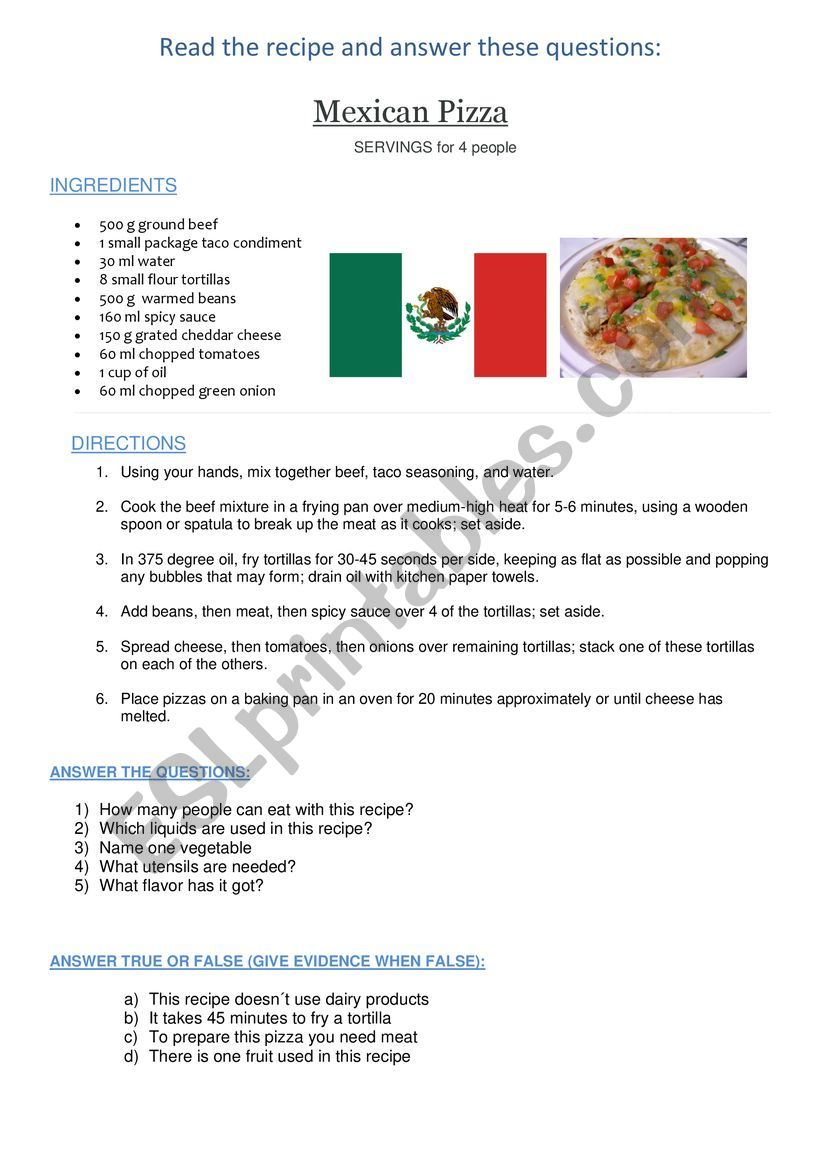 MEXICAN-STYLE PIZZA worksheet