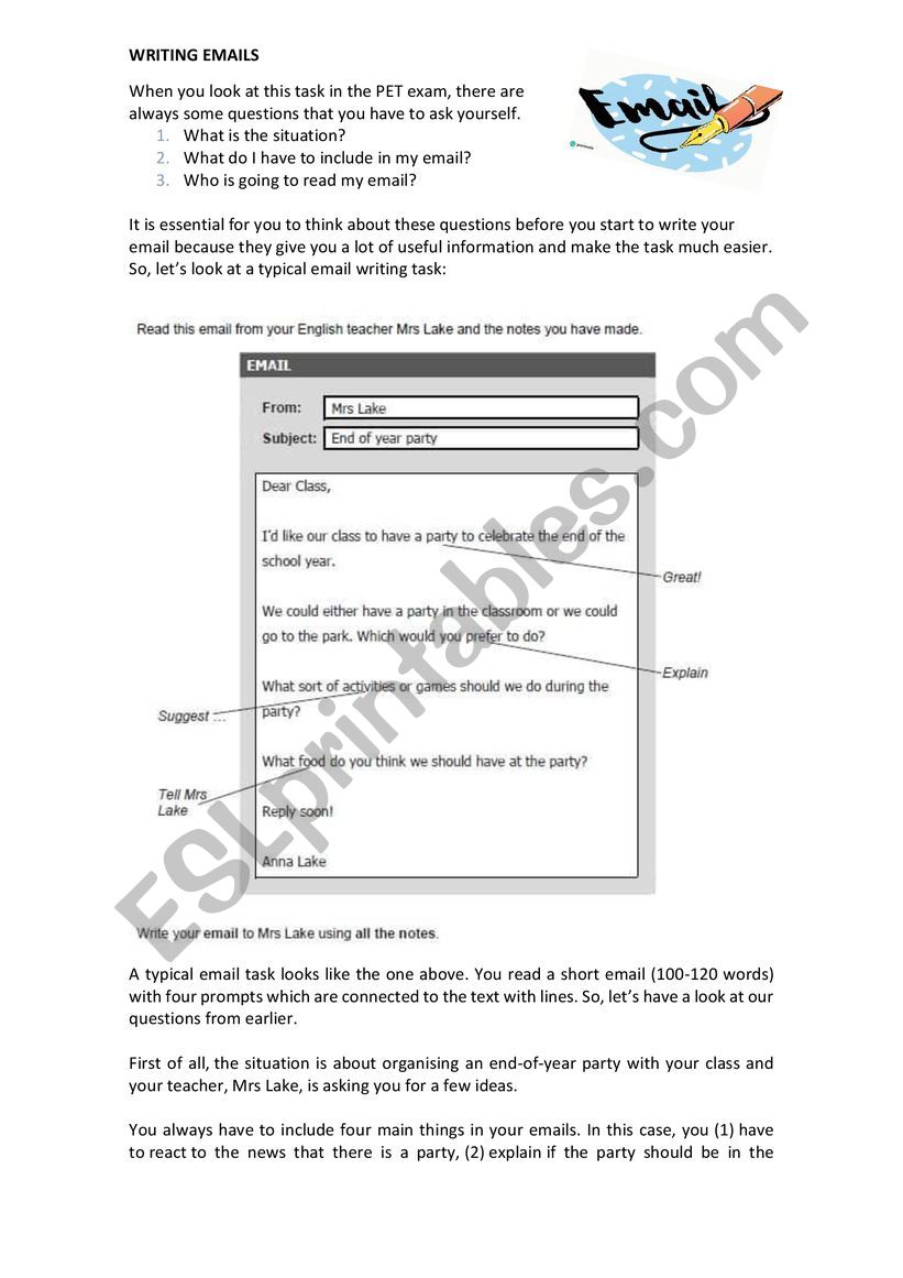 Writing Emails. Pet 2020 worksheet