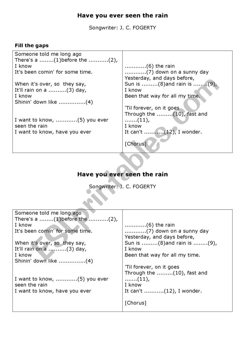 have you ever seen the rain worksheet