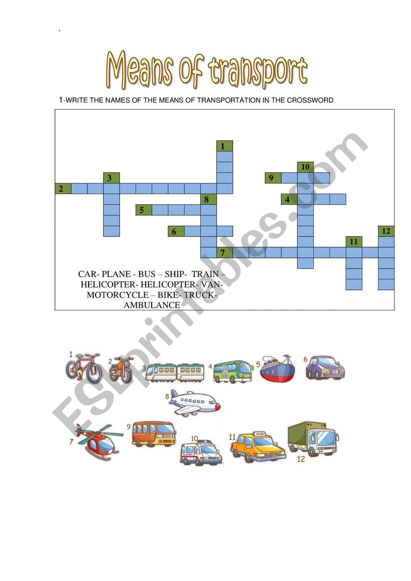 Means of transport worksheet