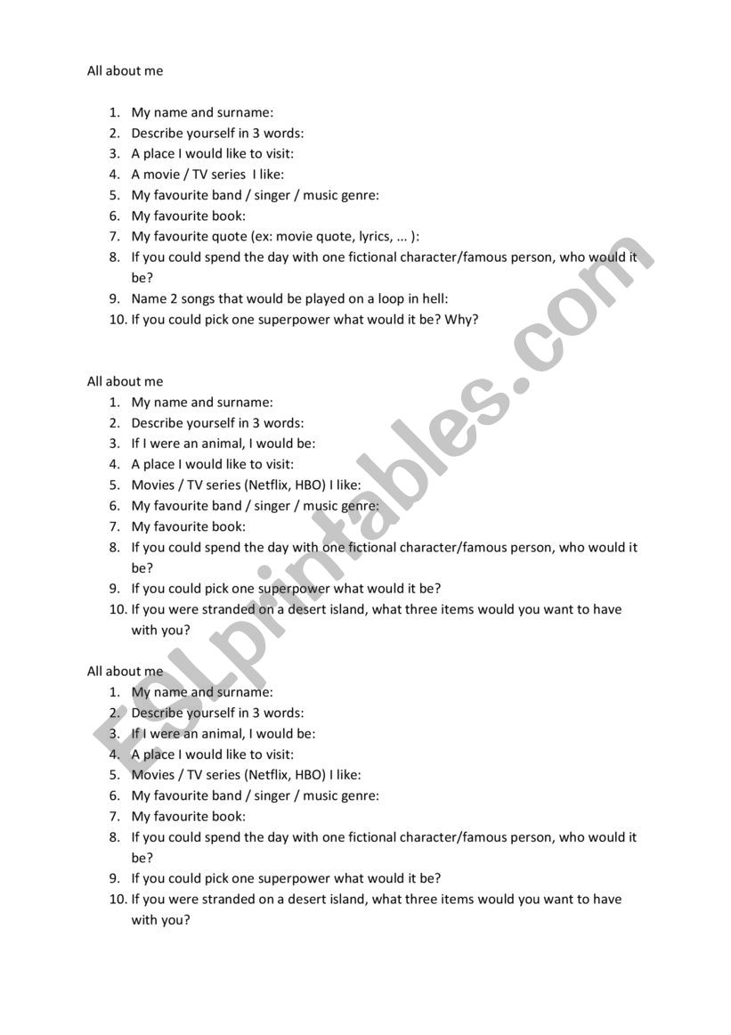 Ice-breaking questions worksheet